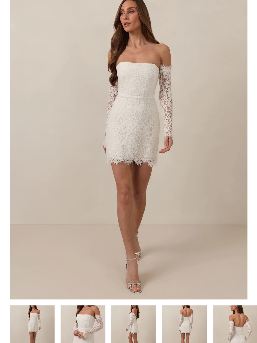 Park & Fifth White Strapless Lace Minford Mini Dress with Long Sheer Sleeves